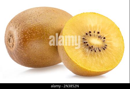 Goldene Kiwi-Frucht und Kreuzschnitt von Kiwi isoliert auf weißem Hintergrund. Stockfoto