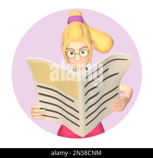 Ein Mädchen in Pink, das Zeitung liest, sitzt auf einem Stuhl, isoliert. Lesen von Nachrichten 3D-Rendering. Stockfoto