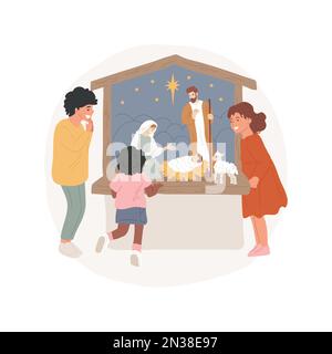 Karikaturenvektordarstellung in der Geburtsszene. Eine Gruppe kleiner Kinder, die während der Weihnachtszeit die Krippenwelt genießen, in der Nähe des jesus-Kinderbetts stehen, religiöse Festivals, Vektorgrafiken der Heiligen Tage. Stock Vektor