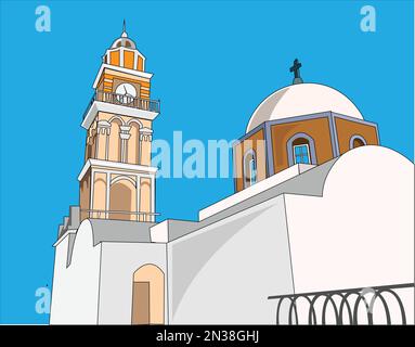 Santorin-Kirchenvektordarstellung mit blauem Hintergrund Stock Vektor