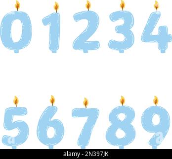 Handgezeichnete Geburtstagskerzen Zahlen mit brennender Flamme. Vektordarstellung eines Designelements für Geburtstagskuchen in flacher Form. Stock Vektor