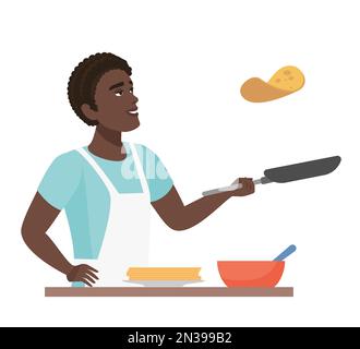 Afrikanischer Mann, der Pfannkuchen macht. Kochen in der Küche, Rezept-Vektor-Zeichentrickfilm-Illustration des Küchenchefs Stock Vektor