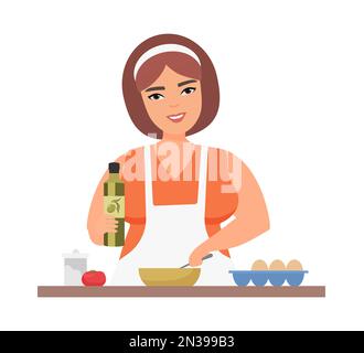 Lächelnde Frau, die Essen kocht. Zubereitung von Speisen, Küchenchef-Vektorfilm-Illustration Stock Vektor
