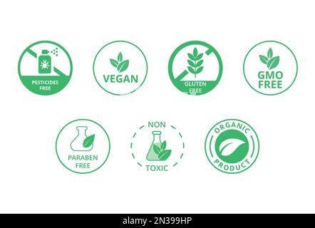 Satz von Symbolen für Naturprodukte. Verpackungskonzept und Ökologie. Stock Vektor
