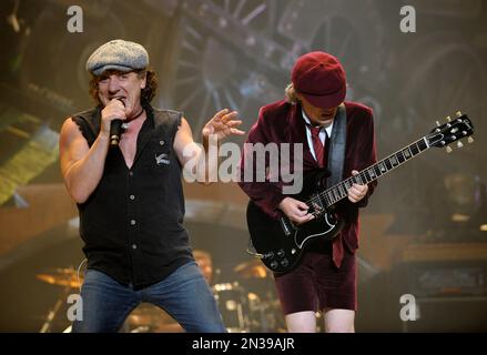FILE - Brian Johnson, left, and Angus Young, of AC/DC, perform on the ...