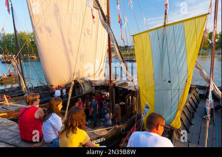 Frankreich, Loiret (45), Orléans, Loire Festival 2019, traditionelle Flachbodenboote am Ufer der Loire Stockfoto