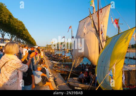 Frankreich, Loiret (45), Orléans, Loire Festival 2019, traditionelle Flachbodenboote am Ufer der Loire Stockfoto