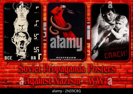 Sowjetische Propagandaposter gegen den Nazismus, die während des Zweiten Weltkriegs veröffentlicht wurden (UdSSR, CCCP, Stalin) Stockfoto