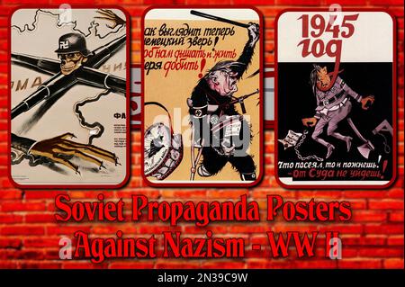 Sowjetische Propagandaposter gegen den Nazismus, die während des Zweiten Weltkriegs veröffentlicht wurden (UdSSR, CCCP, Stalin) Stockfoto