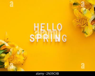 Text HALLO FRÜHLING auf hellgelbem Hintergrund mit Rand frischer Alstroemerieblumen. Weihnachtsgrüßkarte. Stockfoto