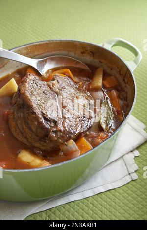 Rindertopf mit Wurzelgemüse in einem Schmelzgusstopf auf grünem Hintergrund Stockfoto