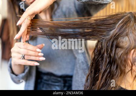 Schneiden Sie einen Friseur mit einer Schere zu, die die Haare einer anonymen Kundin während des Haarschnitts schneidet Stockfoto