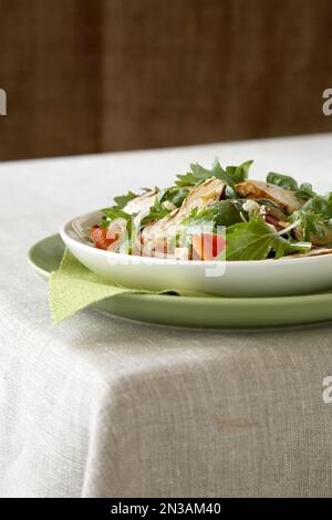 Gegrillter Hähnchensalat mit Tomaten und Blattgemüse in einer flachen Schüssel Stockfoto