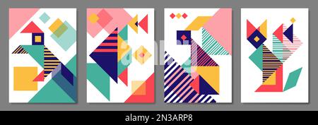 Geometrische Tanga-Abdeckungen mit Tieren. Stock Vektor