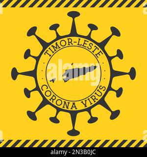 Coronavirus im Timor-Leste-Zeichen. Runde Abzeichen mit Form des Virus und Timor-Leste Karte. Gelber Country Epidemie Lockdown Stempel. Vektorabbildung. Stock Vektor