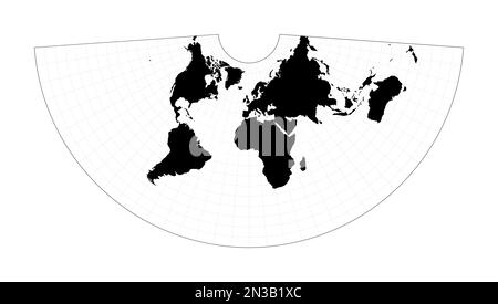 Weltkarte mit Längengradlinien. Konische äquidistante Projektion. Planen Sie eine geografische Weltkarte mit Graticlue Lines. Vektordarstellung. Stock Vektor