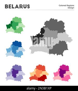 Kartensammlung Weißrussland. Grenzen von Belarus für Ihre Infografik. Farbige Länderregionen. Vektordarstellung. Stock Vektor