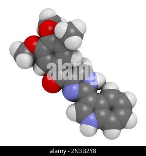 Sabizabulin-Arzneimittelmolekül. 3D-Rendering. Atome werden als Kugeln mit herkömmlicher Farbcodierung dargestellt: Wasserstoff (weiß), Kohlenstoff (grau), Stickstoff (b Stockfoto