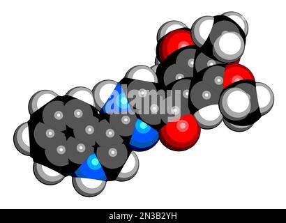 Sabizabulin-Arzneimittelmolekül. 3D-Rendering. Atome werden als Kugeln mit der herkömmlichen Farbcodierung Wasserstoff (weiß), Kohlenstoff (schwarz), Stickstoff ( Stockfoto