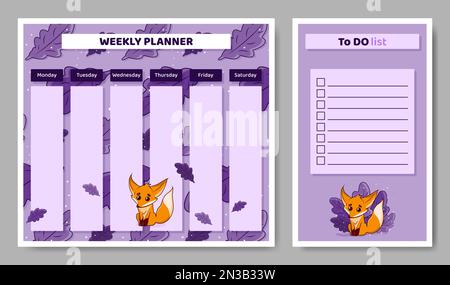 Wochenplaner und To-do-Liste für Kinder mit Fuchs. Stock Vektor