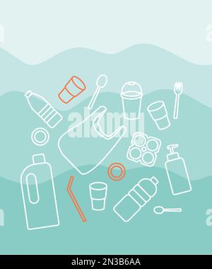 Meeresplastik-Verschmutzung. Plastikabfälle im Meer. Stock Vektor