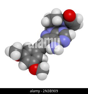 Das onkologische Arzneimittelmolekül Futibatinib. 3D-Rendering. Atome werden als Kugeln mit herkömmlicher Farbcodierung dargestellt: Wasserstoff (weiß), Kohlenstoff (grau), ni Stockfoto