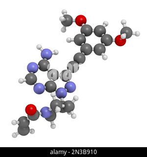 Das onkologische Arzneimittelmolekül Futibatinib. 3D-Rendering. Atome werden als Kugeln mit herkömmlicher Farbcodierung dargestellt: Wasserstoff (weiß), Kohlenstoff (grau), ni Stockfoto