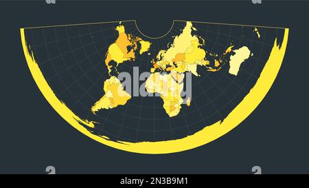 Weltkarte. Konische äquidistante Projektion. Illustration der futuristischen Welt für Ihre Infografik. Leuchtend gelbe Country-Farben. Hervorragende Vektorillustration. Stock Vektor