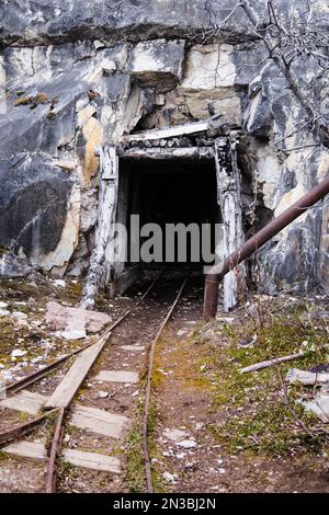 Alte Bahngleise führen in einen verlassenen Minentunnel in die Berge bei Nabesna; Alaska, Vereinigte Staaten von Amerika Stockfoto