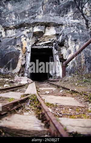 Alte Bahngleise führen in einen verlassenen Minentunnel in die Berge bei Nabesna; Alaska, Vereinigte Staaten von Amerika Stockfoto