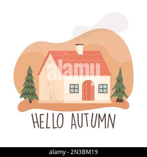 Goldene Herbstsaison. Herbstliche Landschaftsszene mit Farm Cottage House. Hallo Herbst. Vektordarstellung Stock Vektor