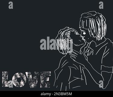 Zwei Personen, die sich leidenschaftlich mit Liebe küssen, auf der linken Seite geschrieben. Schwarz auf Weiß. Stockfoto