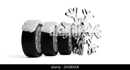Vier Fahrzeugreifen auf weißem Hintergrund mit abstrakter Schneeflocke aus Glas, mit Schneeflocke bedeckt, Transportkonzept für Winterreifen, Abbildung 3D Stockfoto