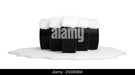 Neue, unbenutzte Autoreifen stehen auf Schneeflächen mit Schnee auf weißem Hintergrund, Transportkonzept für Winterreifen, 3D-Abbildung Stockfoto