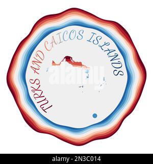 Turks- und Caicosinseln-Abzeichen. Karte der Insel mit wunderschönen geometrischen Wellen und leuchtendem rot-blauem Rahmen. Stock Vektor