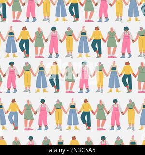 Nahtloses Vektormuster. Multiethnische Frauen, die Händchen halten. Feminismus in verschiedenen Ländern und Frauensolidarität. Stock Vektor