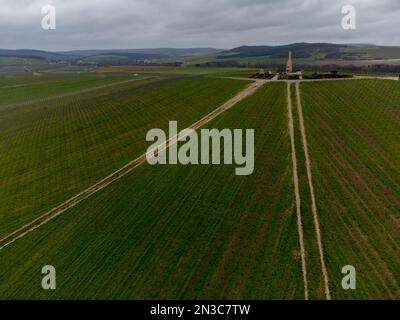 Panoramablick aus der Luft auf die bewölkte Landschaft, hügelige Weinberge in der Nähe des Champagnerdorfes Ay gran Cru bei Epernay, Weinproduktion in Frankreich Stockfoto