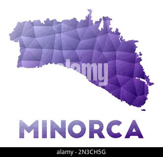 Karte von Minorca. Niedrige Poly-Darstellung der Insel. Lilafarbenes geometrisches Design. Darstellung des polygonalen Vektors. Stock Vektor