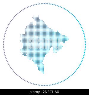Digitales Emblem für Montenegro. Gepunktete Karte von Montenegro in einem Kreis. Techniksymbol des Landes mit abgestuften Punkten. Erstaunliche Vektorillustration. Stock Vektor