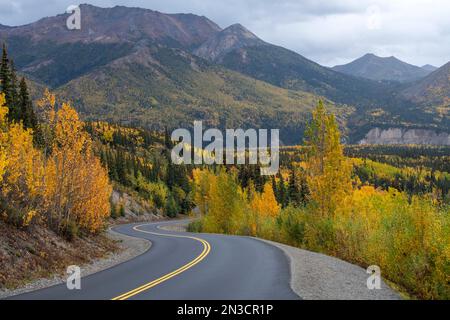Leuchtende Herbstfarben und zerklüftete Berglandschaft auf der Denali Park Road Stockfoto