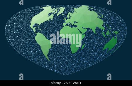 Netzwerkkarte der Welt. Bottomley-Projektion. Grüne, niedrige Poly-Welt-Karte mit Netzwerkhintergrund. Coole, vernetzte Welt für Infografiken oder Präsentationen Stock Vektor