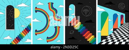 Retro-Poster-Set mit Regenbogentreppen. Sonne und Mond im Hippie-Stil in surrealen, kosmischen Mustern. Vintage-Bo-Universum in abstrakten Fensterplakaten. Trendige geometrische Y2K-Banner für die Popkultur Stock Vektor