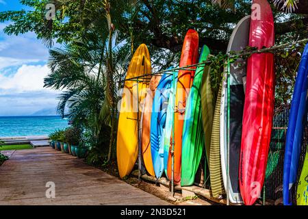 Surfbretter auf einer Terrasse mit Blick auf den Ozean in Lahaina; Maui, Hawaii, Vereinigte Staaten von Amerika Stockfoto