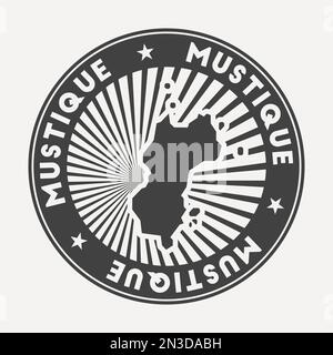 Rundes Logo von Mustique. Vintage-Reiseabzeichen mit kreisförmigem Namen und Karte der Insel, Vektordarstellung. Kann als Abzeichen, Logo, Label, sti verwendet werden Stock Vektor