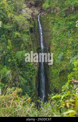 Wasserfall entlang der Hana Road, einer Route, die um den Haleakala-Nationalpark auf Maui, Maui, Hawaii, USA führt Stockfoto