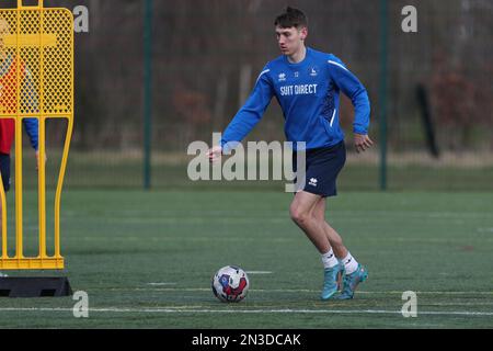 Joe Grey von Hartlepool United während des Hartlepool United Trainings im Maiden Castle, Durham City am Dienstag, den 7. Februar 2023. (Foto: Mark Fletcher | MI News) Guthaben: MI News & Sport /Alamy Live News Stockfoto