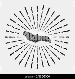 Oldtimer-Karte der Insel Saona. Grunge-Sonnenaufgang rund um die Insel. Schwarze Saona-Rahmenform mit Sonnenstrahlen auf weißem Hintergrund. Vektordarstellung. Stock Vektor