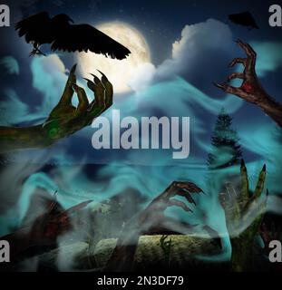 Unheimliche Zombies und Monster mit Krähen bei Vollmond an Halloween-Nacht Stockfoto