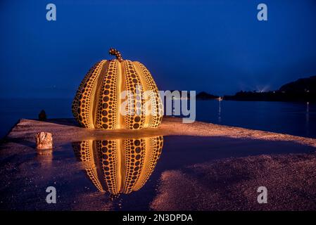 Der Naoshima-Kürbis ist eine Skulptur in Form eines riesigen schwarzen und gelben, mit Polka gepunkteten Kürbis des gefeierten Künstlers Yayoi Kusama. Es hat... Stockfoto