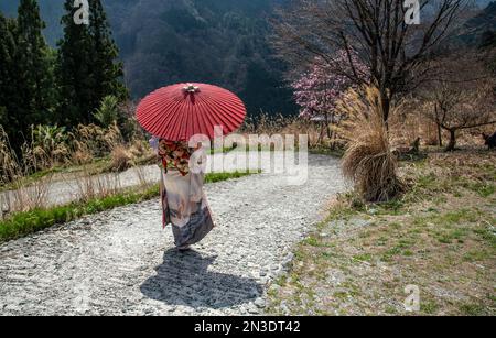 Frau in traditioneller japanischer Kleidung, die eine gewundene Straße im japanischen Iya-Tal auf der Insel Shikoku entlang geht; Miyoshi-Stadt, Shikoku, Japan Stockfoto